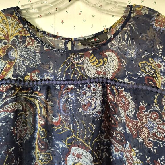 Style & Co Peasant Top XL Sheer Swiss Dot Paisley Blue Career Bell Sleeves Flowy - Picture 3 of 16